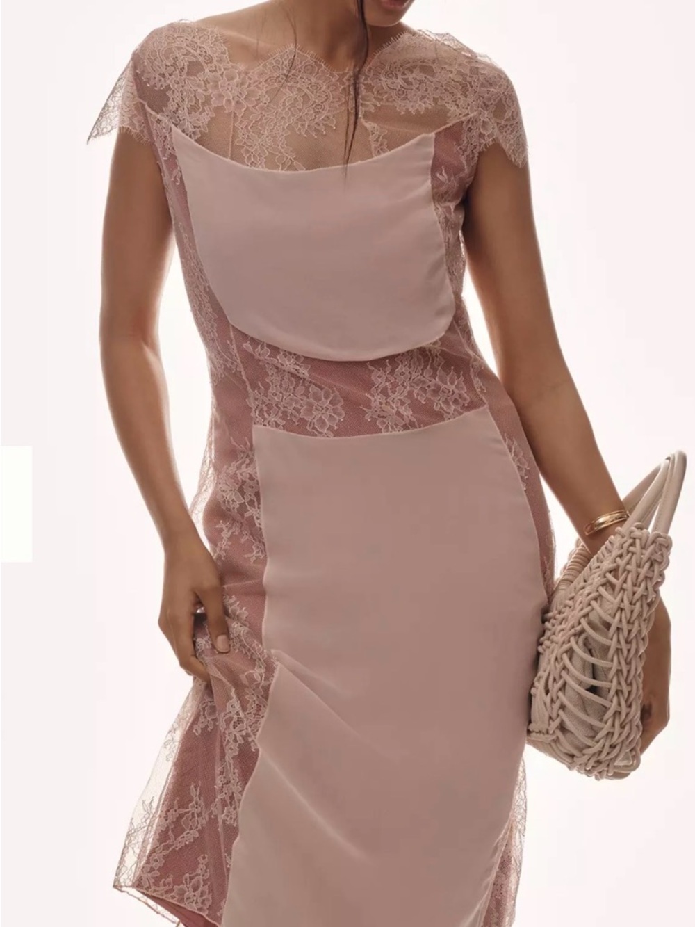 NWT Anthropologie Maeve Blush Lace-Panel Midi Dress SZ LARGE